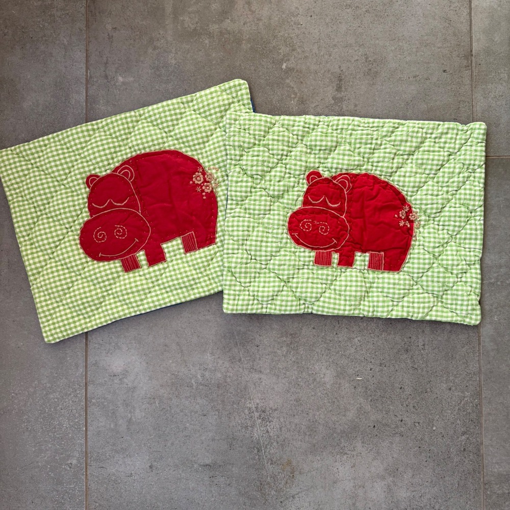 The Company Store Hippo Pillow Shams Kids OS Green Red Gingham Quilted Set of 2
